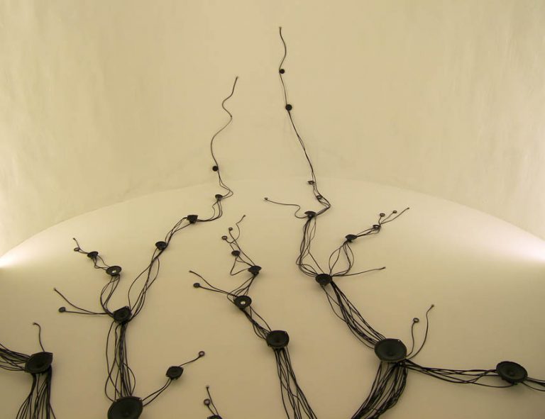 Daniela ddm Di Maro & Roberto Pugliese: Ivy Noise, speakers, microphones, cables, sound cards, computer, custom software design, installation detail, at Akneos, 2009.