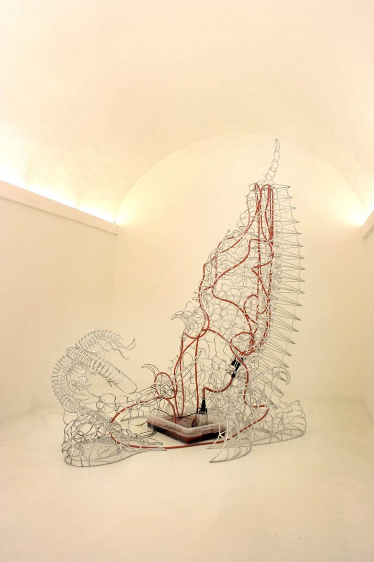 Installation view, Telemachos Pateris: The Three Crises, iron, paint, water pump, blood, petrol, water, tubes, at Akneos, 2008.